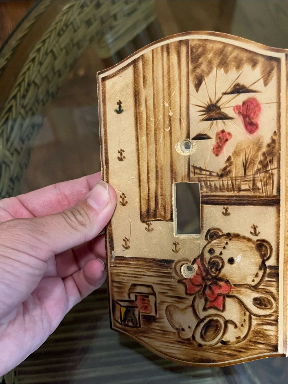 Handcrafted Teddy Bear Wood Light Switch Cover - Cream and Brown